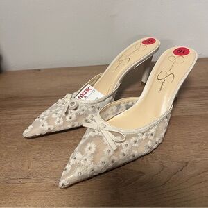 Jessica Simpson Cream Floral Mesh Pointed-Toe Mules